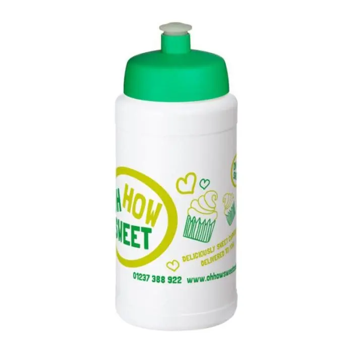 Promotional Baseline Plus Push/Pull Lid Bottle 500ml in white with green lid and printed logo