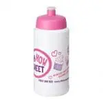 Printed Baseline Plus Push/Pull Lid Bottle 500ml in white with pink lid and printed logo