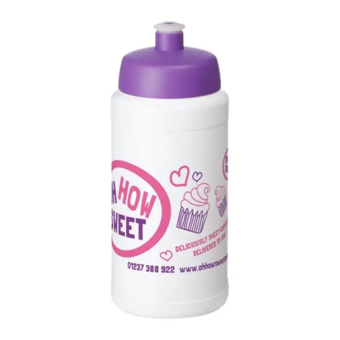 Promotional Baseline Plus Push/Pull Lid Bottle 500ml in white with purple lid and printed logo