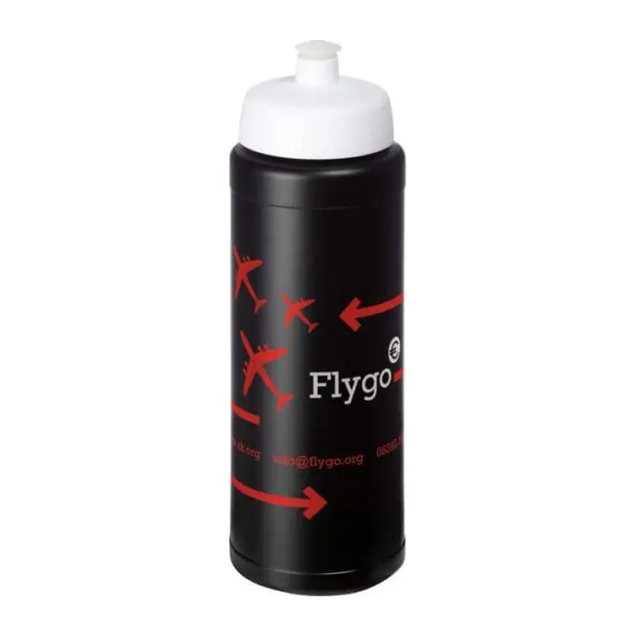 Branded Baseline Plus Push/Pull Lid Bottle 750ml in black with white lid and printed logo