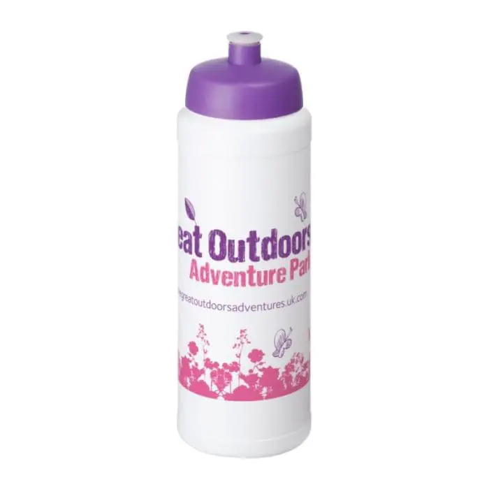 Printed Baseline Plus Push/Pull Lid Bottle 750ml in white with purple lid and printed logo