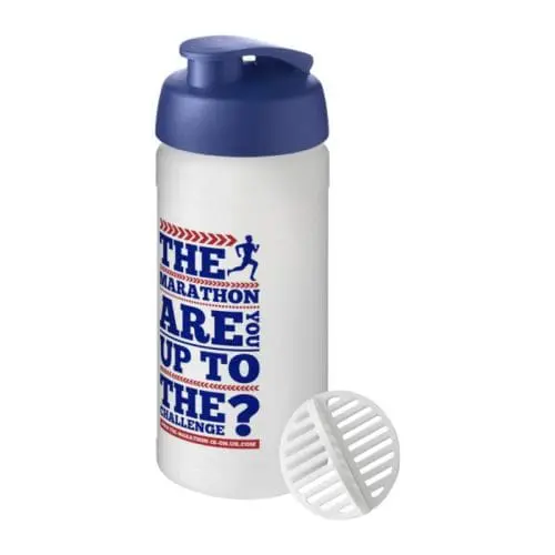 Promotional Baseline Plus Shaker Bottle 500ml in white with white mixer and blue lid with printed logo