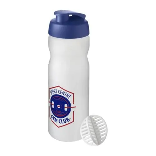 Promotional Baseline Plus Shaker Bottle 650ml in white with blue lid and printed logo