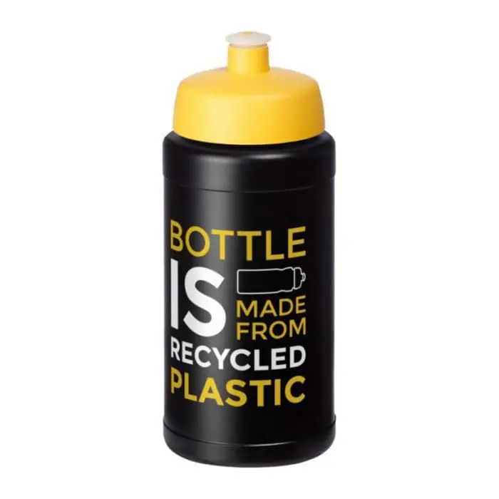 Printed Baseline Recycled Sports Bottle 500ml in black with yellow lid and printed logo