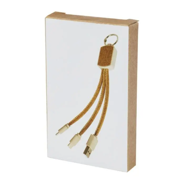 Printed Wheat Straw & Cork 3-in-1 Charging Cable with printed logo in presentation box