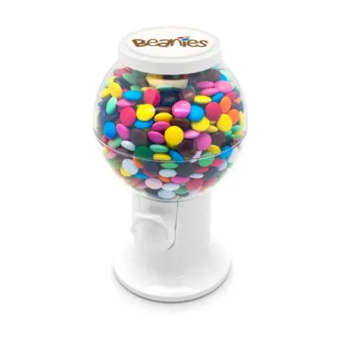 Promotional bean dispenser in white with chocolate beanies sweets and printed logo on top