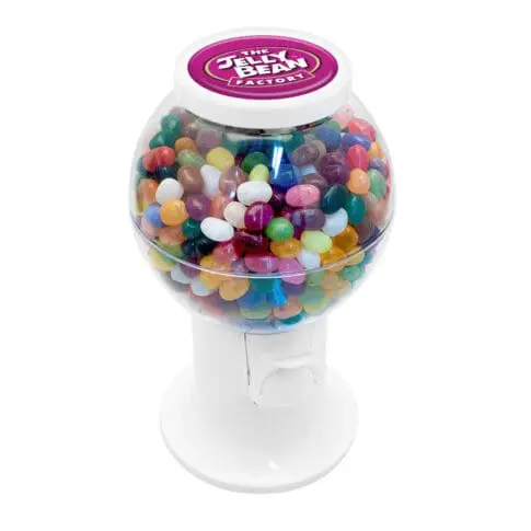 Promotional bean dispenser in white with jelly beans sweets and printed logo on top