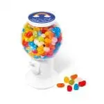 Promotional bean dispenser in white with jolly beans sweets and printed logo on top