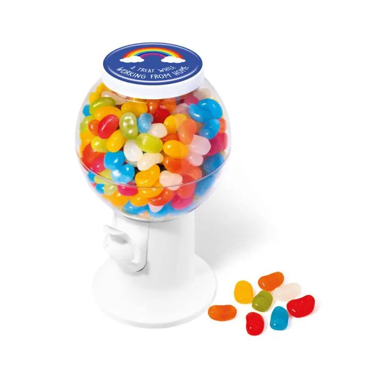 Promotional bean dispenser in white with jolly beans sweets and printed logo on top