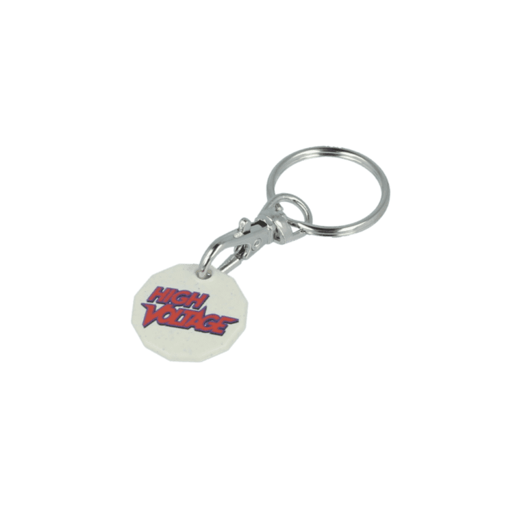 Promotional biodegradable trolley coin keyring in white with printed logo