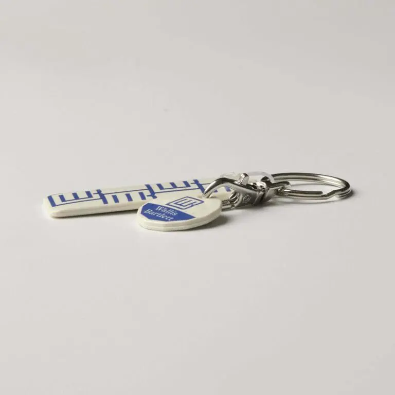 Promotional biodegradable trolley mate rectangle keyring in white with printed logo