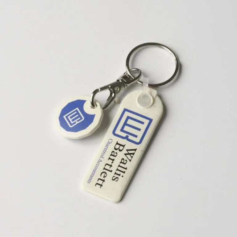 Promotional biodegradable trolley mate rectangle keyring in white with printed logo