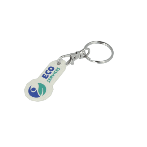 Branded biodegradable trolley stick keyring with printed logo