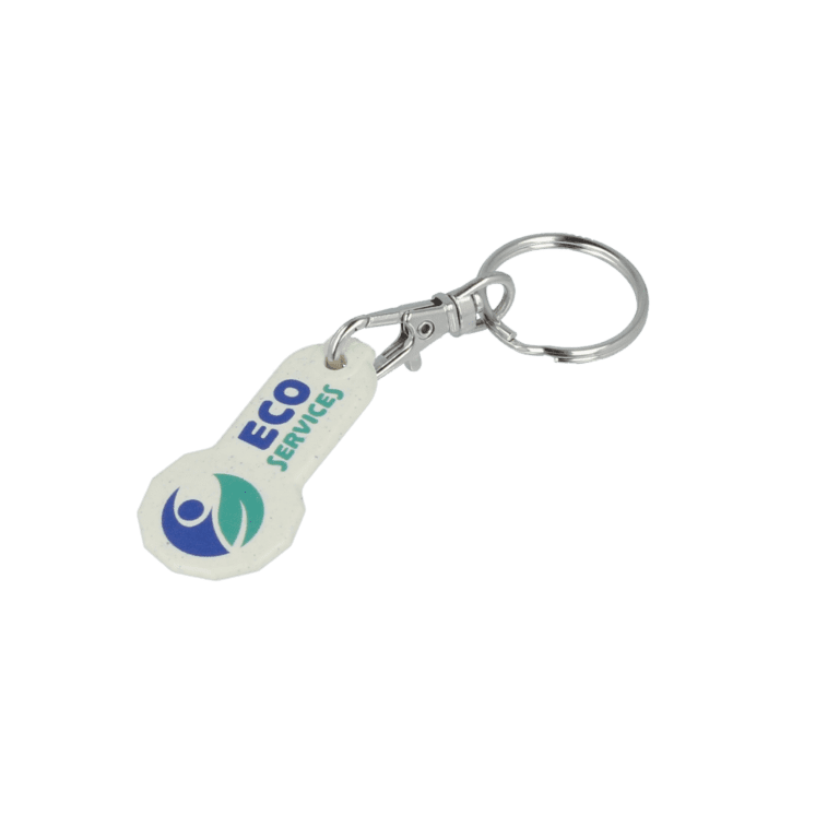 Branded biodegradable trolley stick keyring with printed logo