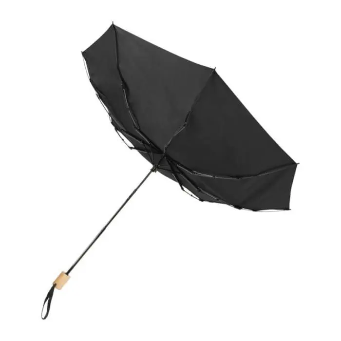 Promotional windproof recycled folding umbrella with printed logo and wooden handle