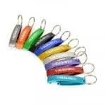 Various colours of branded bottle openers with silver split ring and logo on front