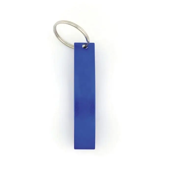 Branded blue metal bottle opener with silver split ring keyring and printed logo on front