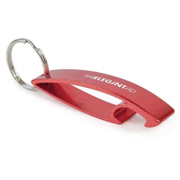 Branded red bottle opener with silver split ring keyring and printed logo on front