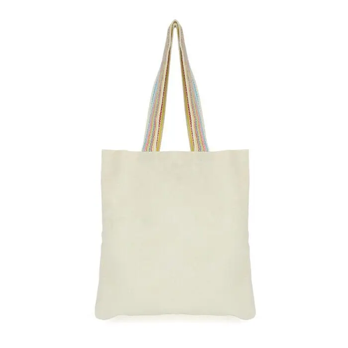 Branded natural shopper bag with rainbow handles and printed logo