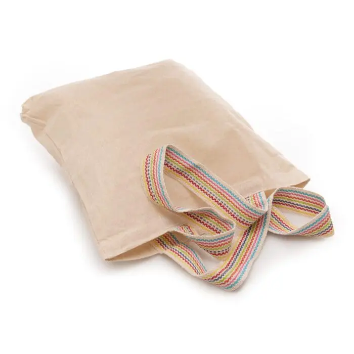 Branded natural shopper bag with rainbow handles and printed logo