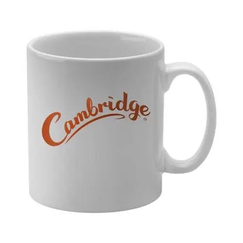 Branded white Cambridge mug with printed logo