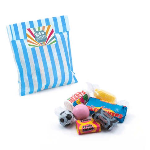 Promotional blue striped candy bag with printed logo on label filled with retro sweets