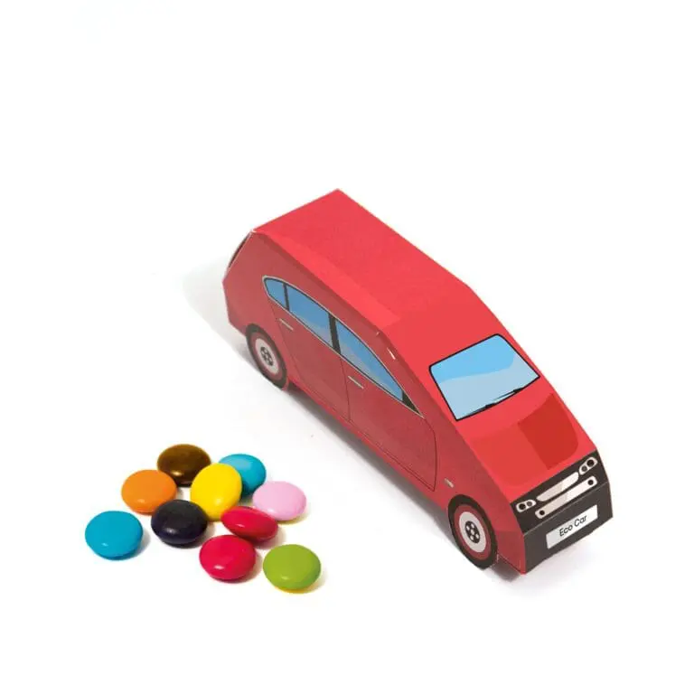 Promotional car shaped box filled with chocolate beanies sweets and printed logo