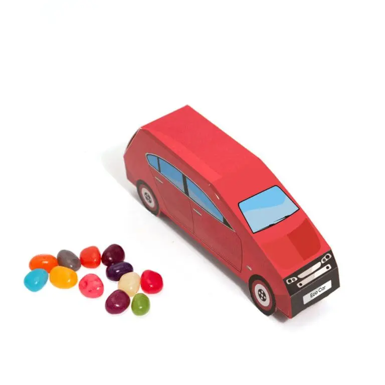 Promotional car shaped box filled with jelly beans sweets and printed logo