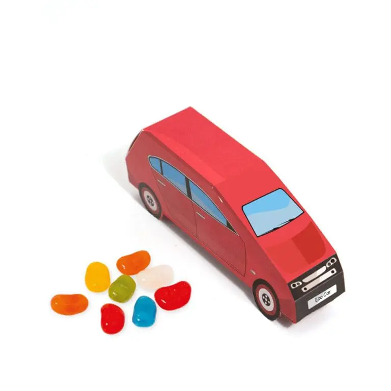 Promotional car shaped box filled with jolly beans sweets and printed logo