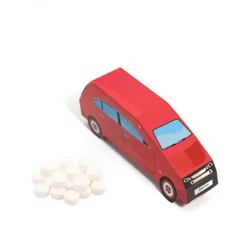 Promotional car shaped box filled with midi mints sweets and printed logo