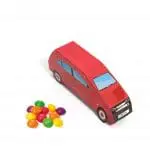 Promotional car shaped box filled with Skittles sweets and printed logo