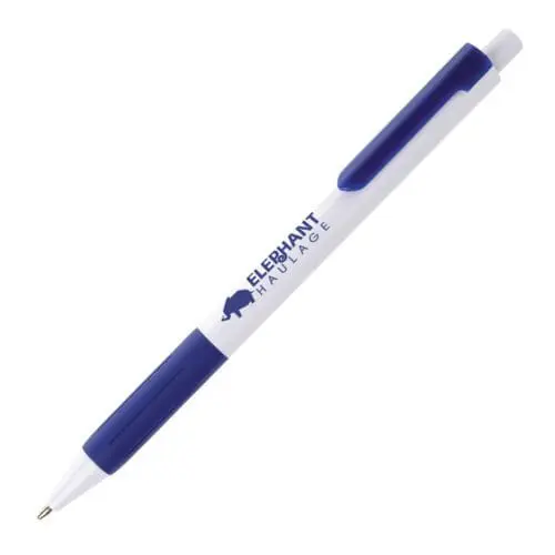 Branded grip ball pen in white with blue clip and barrel and printed logo