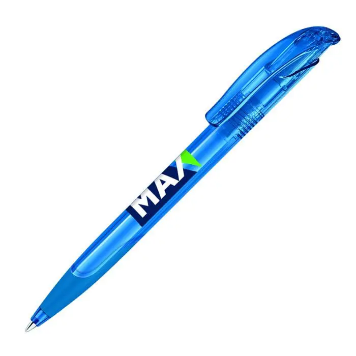 Custom-Branded Challenger Clear Soft Grip Pen in blue with printed logo