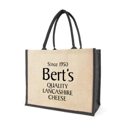 Branded coloured jute shopper bag in natural with black handles and trim with printed logo