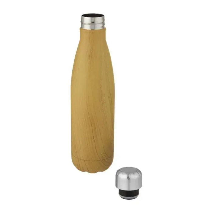 Branded Cove Vacuum Bottle with Wood Pattern 500ml in wood with printed logo and silver lid