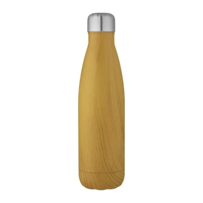 Promotional Cove Vacuum Bottle with Wood Pattern 500ml in wood with printed logo and silver lid