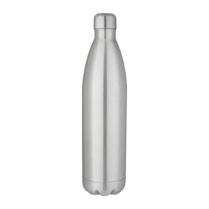 Branded Cove Vacuum Water Bottle 1L in silver with silver lid and printed logo