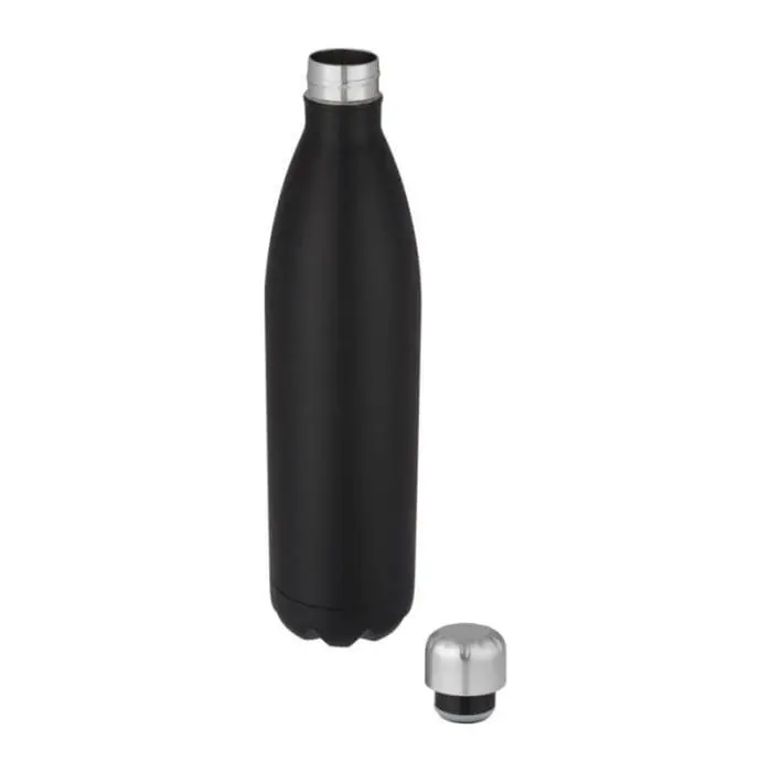 Printed Cove Vacuum Water Bottle 1L in black with silver lid and printed logo