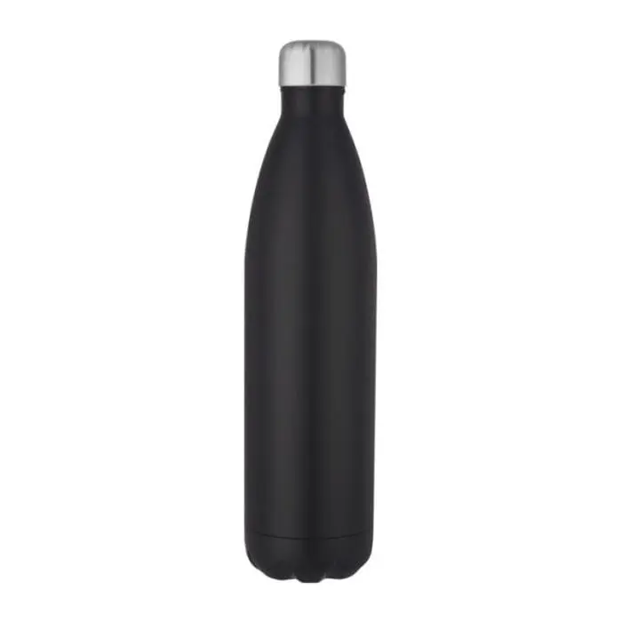 Branded Cove Vacuum Water Bottle 1L in black with silver lid and printed logo