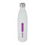 Printed Cove Vacuum Water Bottle 1L in white with silver lid and printed logo