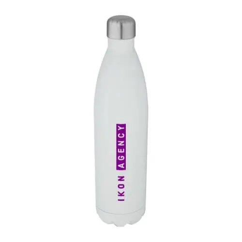 Printed Cove Vacuum Water Bottle 1L in white with silver lid and printed logo