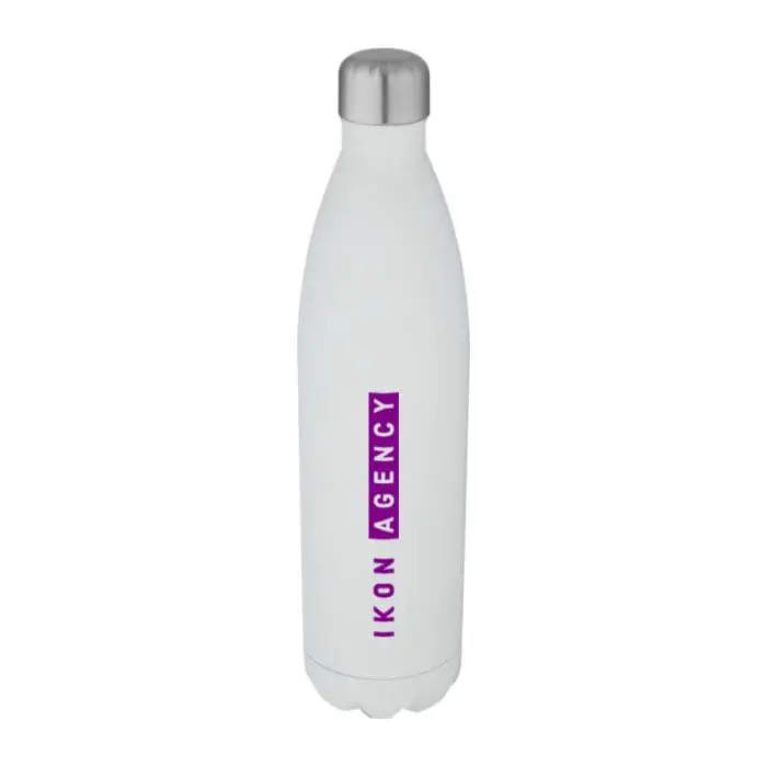 Printed Cove Vacuum Water Bottle 1L in white with silver lid and printed logo