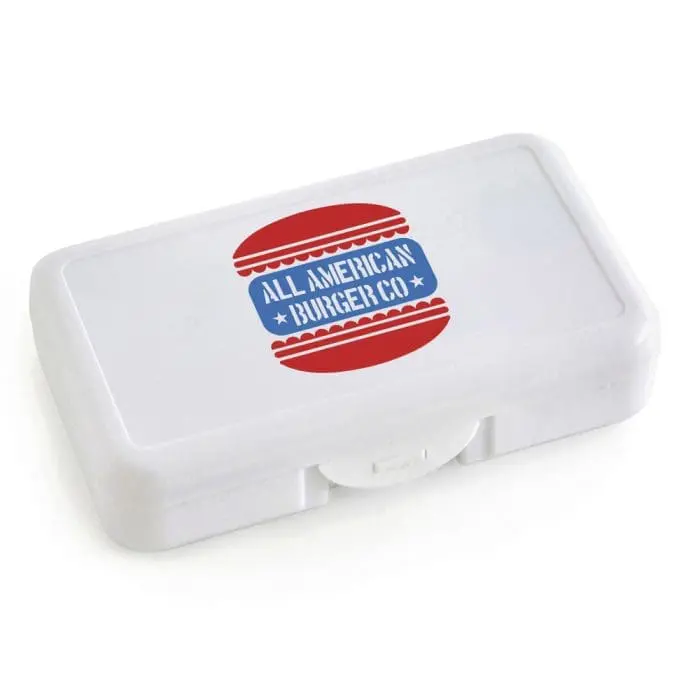 Promotional crayon highlighter set in white plastic case with branding to lid