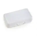 Promotional crayon highlighter set in white plastic case with branding to lid