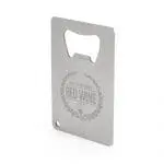 Branded credit card shaped metal bottle opener in silver with printed logo on front