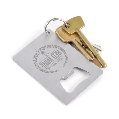 Branded credit card shaped bottle opener with printed logo attached to keys on keyring