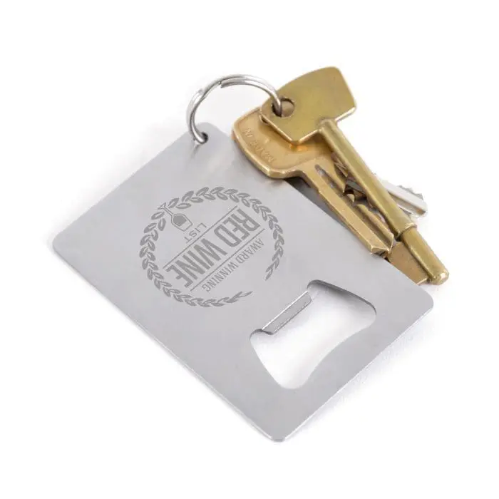 Branded credit card shaped bottle opener with printed logo attached to keys on keyring