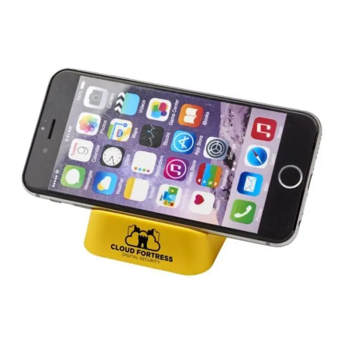 Branded phone stand in yellow with printed logo or design