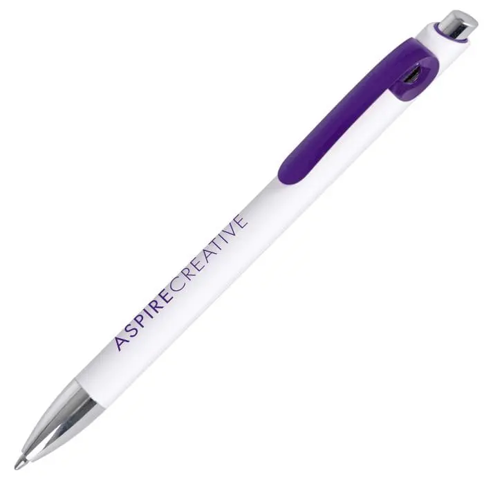 Branded white ball pen with purple plastic clip and printed logo