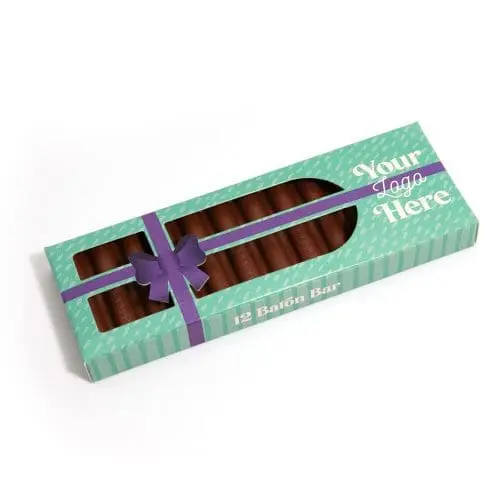 Branded milk chocolate Eco 12 Baton Bar with printed logo on box